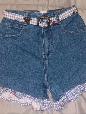 Vintage Girls Size 12 Jean Shorts Gingham Ruffle With Matching Belt Concepts 90s